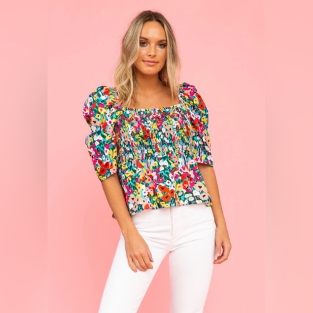 CROSBY by Mollie Burch Multicolor Floral Smocked Puff Sleeve Top